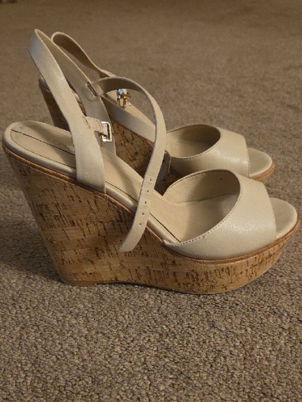 Aldo Cream Leather Cork Wedge Sandals with Slingback Strap - Picture 3 of 9